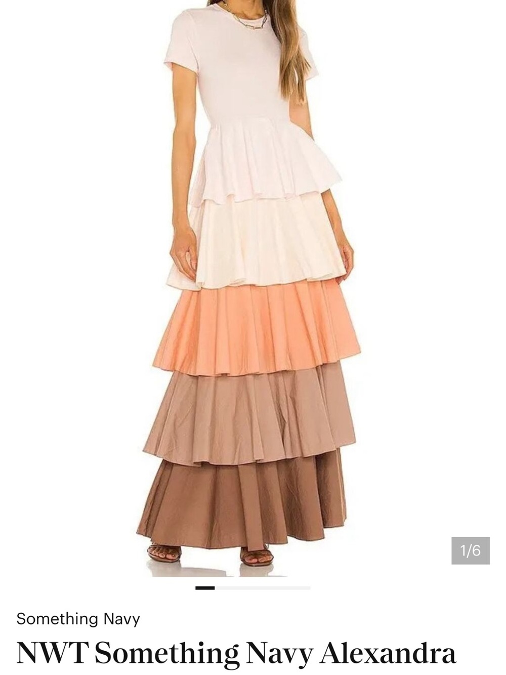 Something Navy Tiered Maxi dress w T-Shirt top w Cream, Peach & Brown, M